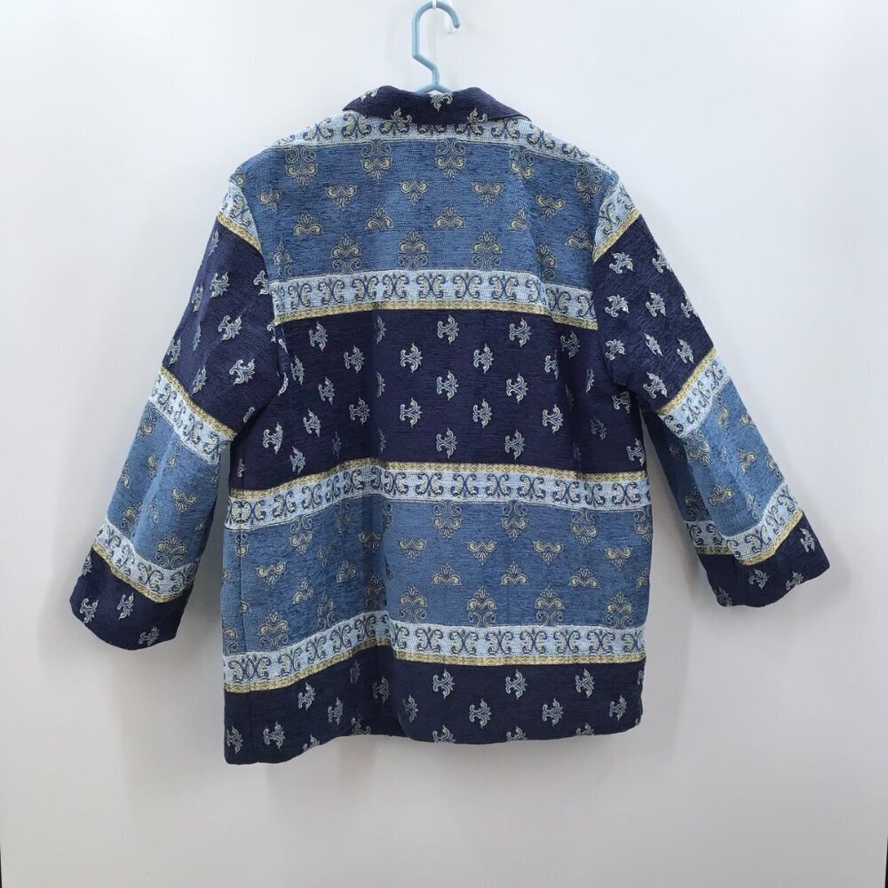 Women's Tapestry Jacket Coat 16W Blue Gold Chenille Brocade Woven Art To Wear - Picture 2 of 10